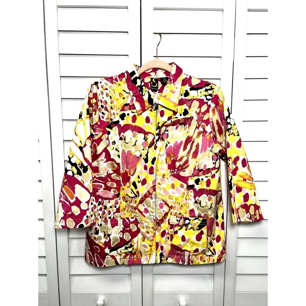 Sportelle Abstract Multicolor 3/4 Sleeve Front Zip Stretch Blazer Size XL